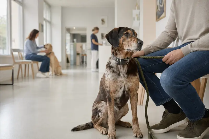 Ein Bruno du Jura Hund sitzt ruhig neben seinem Besitzer im hellen Wartezimmer einer modernen Tierarztpraxis.